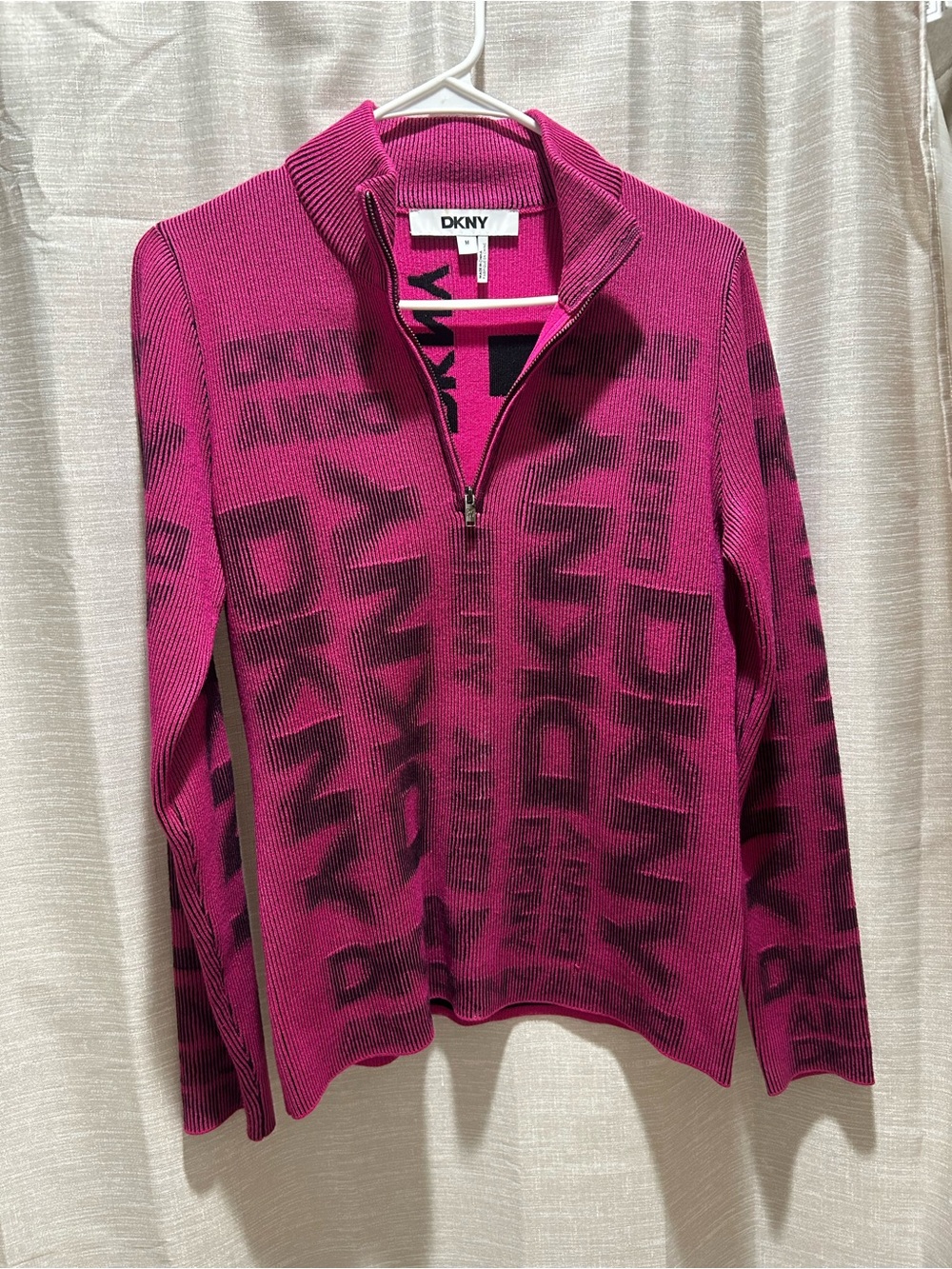 DKNY Fuchsia Logo Half-Zip Turtleneck Sweater